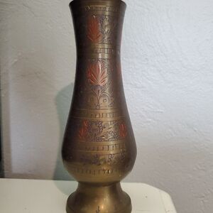 Artisan Brass Vase with Red Detailing